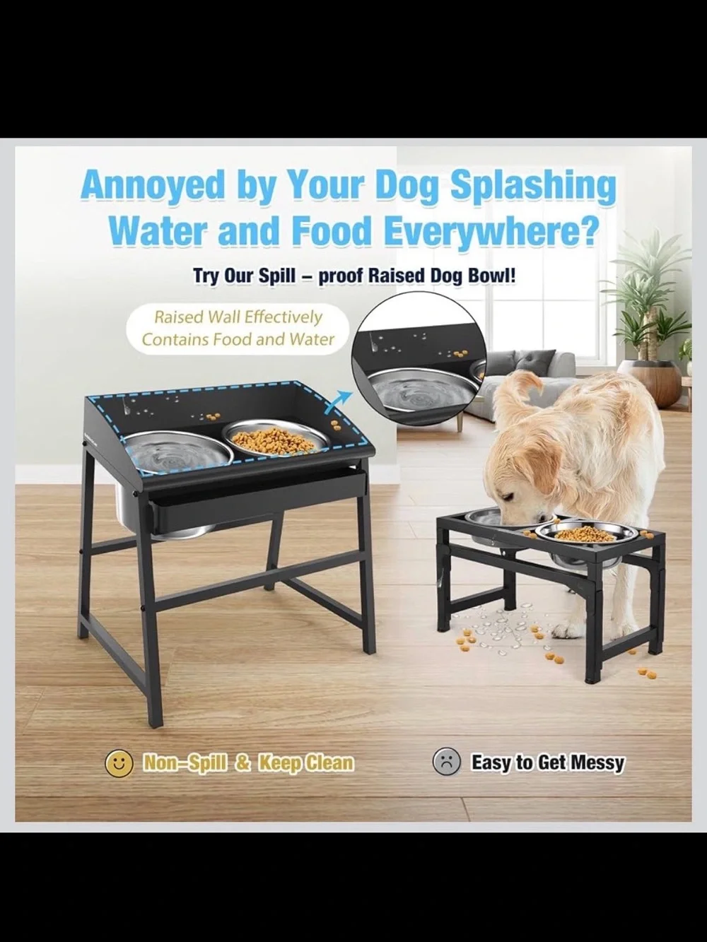 15” Elevated Stainless Steel Dog Bowl Set, Spill‑Proof, Heavy‑Duty - New in Box